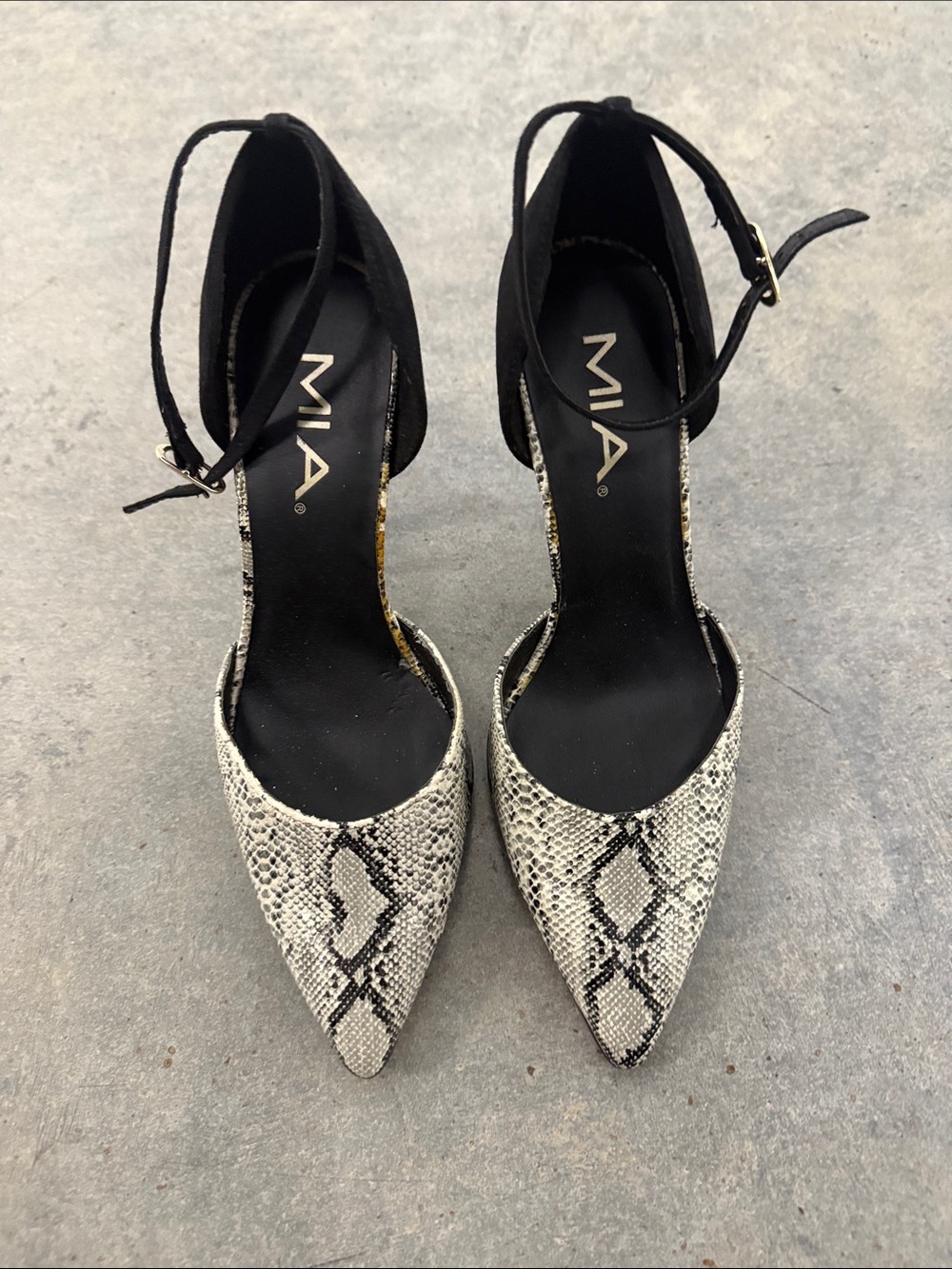 MIA Black & Snake-Print Pointed Toe Ankle-Strap Pumps